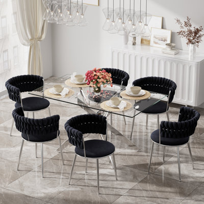 Clear Rectangle Pedestal Dining Set with Weaven Velvet Dininig Chair