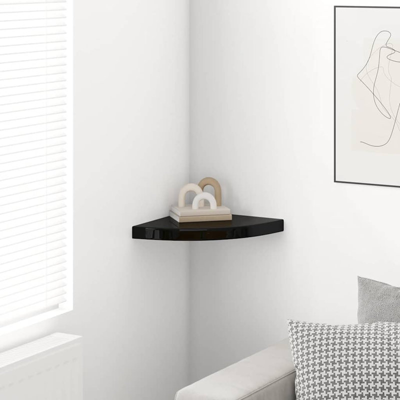 Wall Corner Shelf Floating Corner Shelf Wall Mounted Display Shelf, High Gloss Black, 1.5" H x 13.8" W x 13.8" D