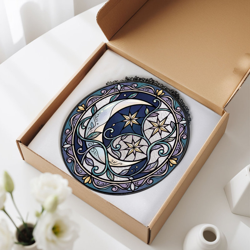 Celestial Moon Stained Glass Window Panel，12"H, 12"H