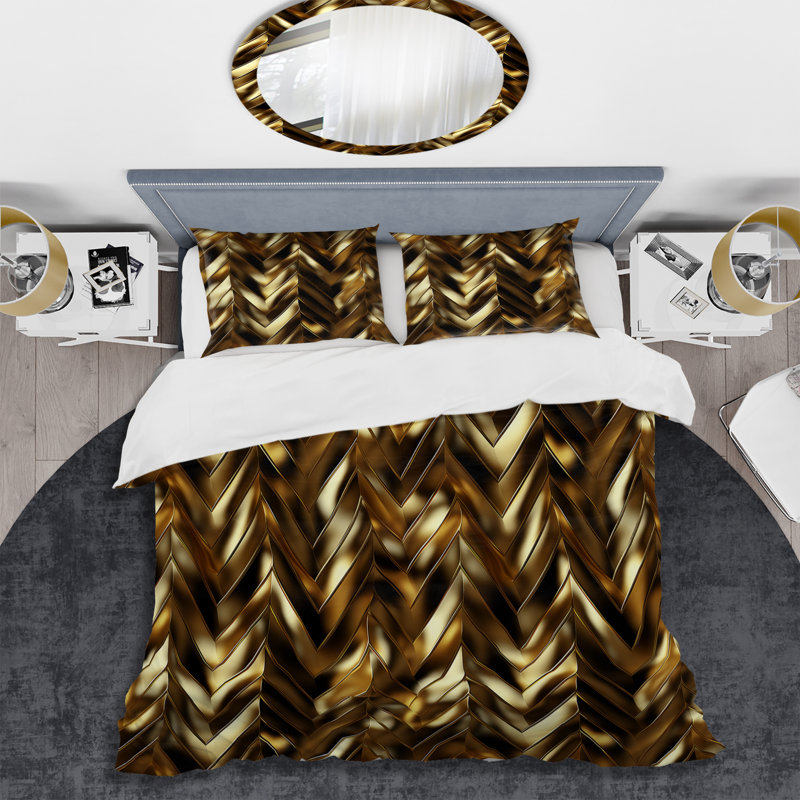 Motif à chevrons doré doré et noir de luxe I - ensemble de housse de couette à chevrons - polyester en microfibre