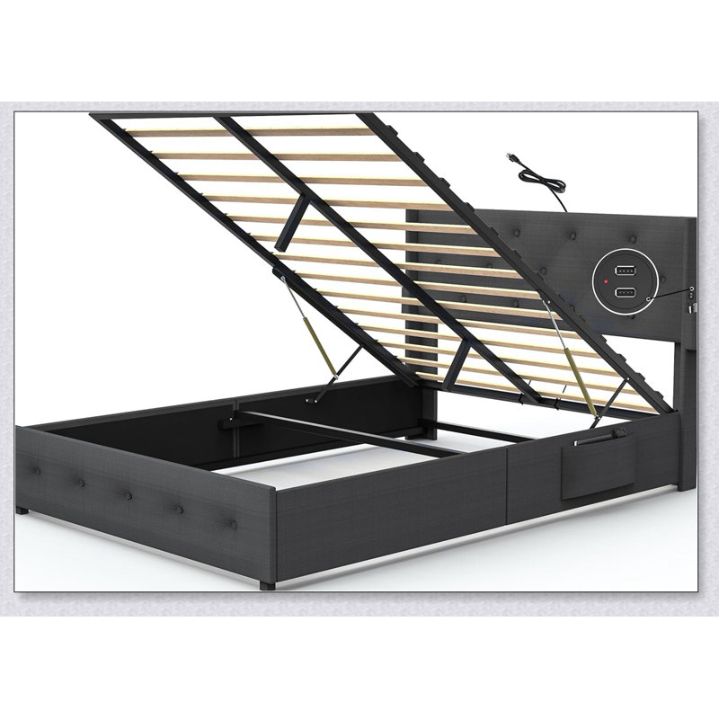Platform Bed Frame With Gas Lift Storage And USB Ports, Dark Gray