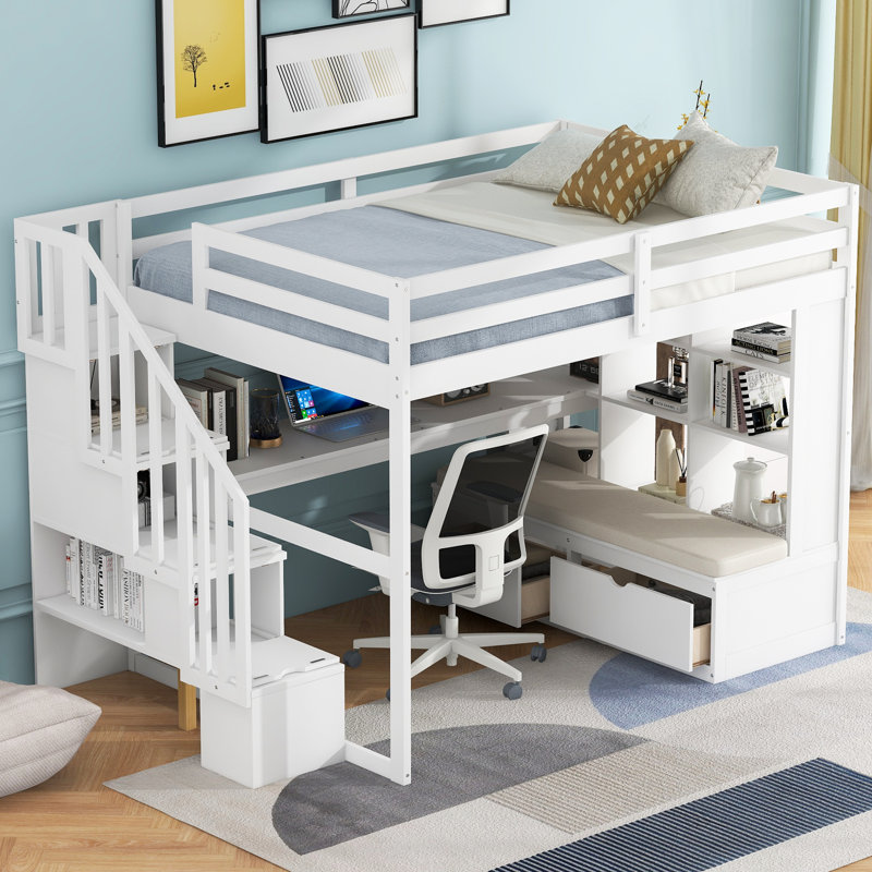 Full Size Loft Bed with Desk and Shelves, Two Built-in Drawers, Storage Staircase, White