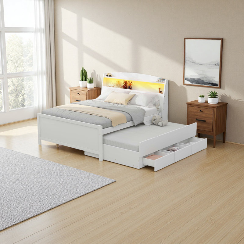 Lit plateforme avec tête de lit à DEL avec rangement, lit gigogne simple et 3 tiroirs, Lit double
