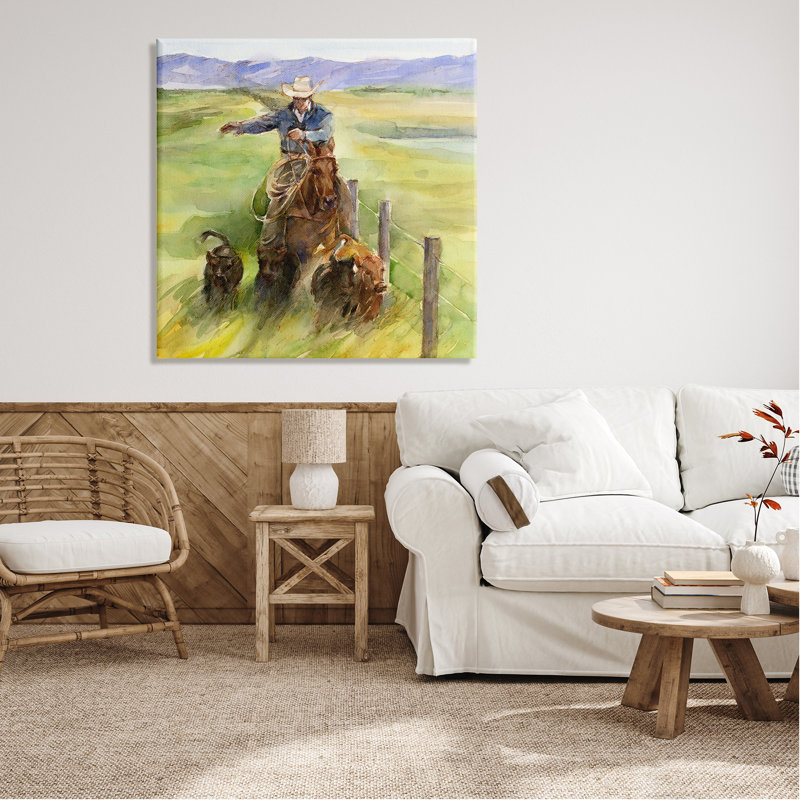 Cowboy avec bovins aquarelle par John Keeling, H 36 po x l 36 po x P 1,5 po