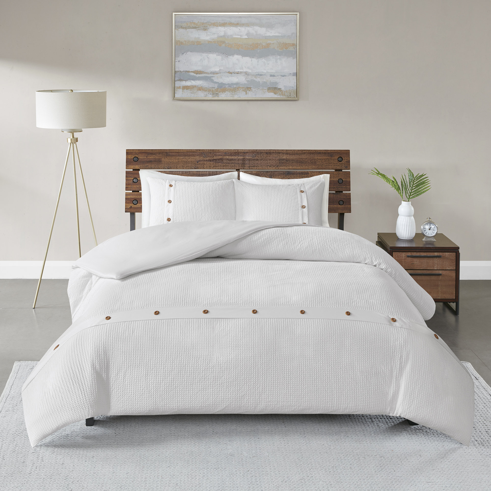 Marcus 3 Piece Cotton Waffle Weave Duvet Cover Set, King/Cal. King Duvet Cover + 2 King Shams, White