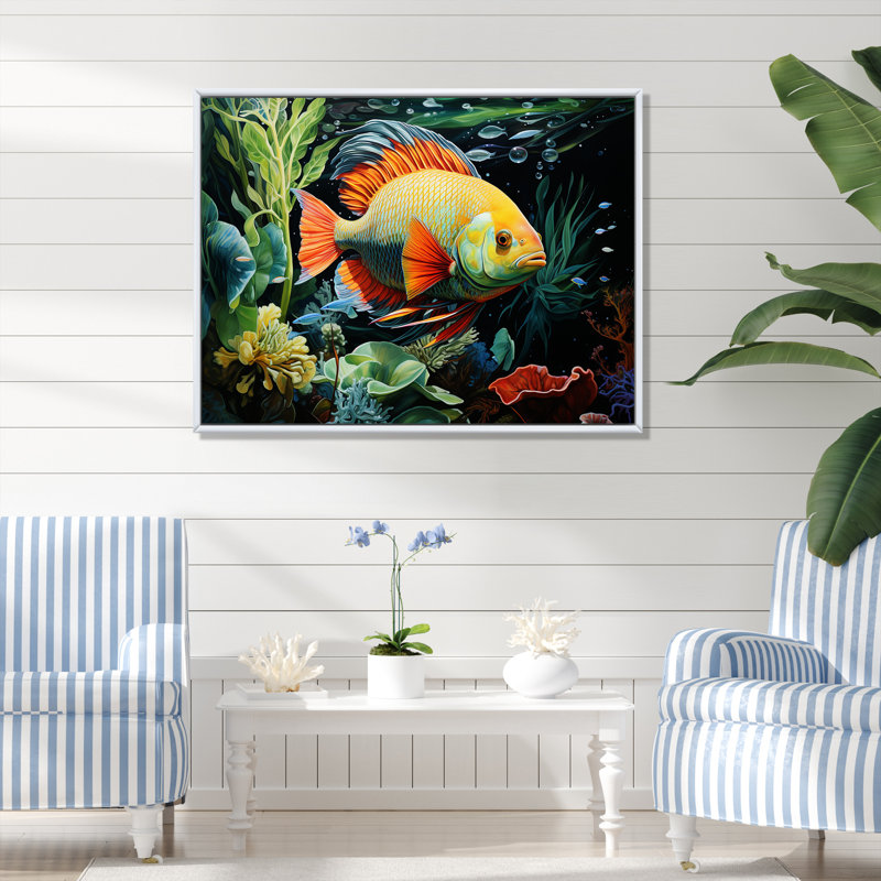 Poissons sous l'eau au pays des merveilles - poisson, art mural, Cadre flottant blanc, H 24 po x l 32 po x P 1 po