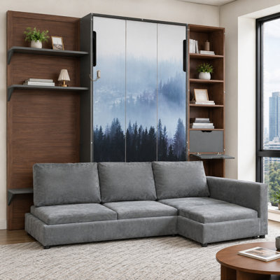 Lit escamotable simple Turman avec armoire de rangement et port USB, grand canapé à l'avant, panneau à imprimé paysage de montagne, cadre de lit mural peu encombrant, lit plateforme pliable avec tablettes ouvertes