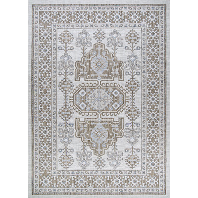 Hanlin Floral Flatweave Ivory Light Brown Sand Indoor Outdoor Area Rug