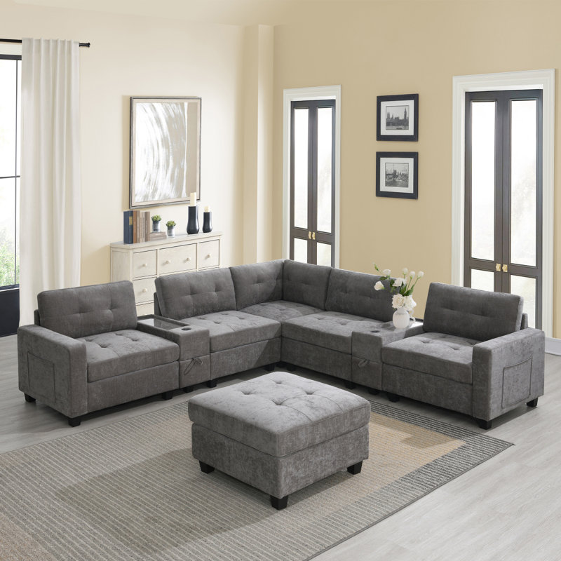 Chenille U Shaped Couch Set, Dark Gray Chenille