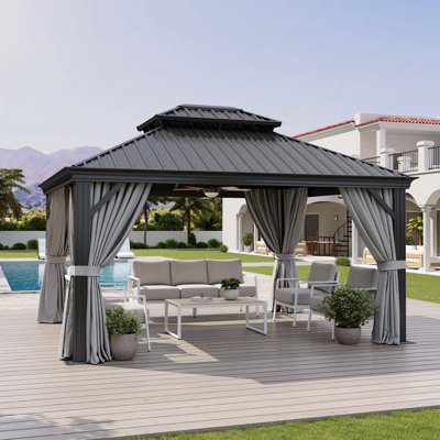 14' x 12' Hardtop Outdoor Gazebo with Galvanized Steel Roof & Curtains