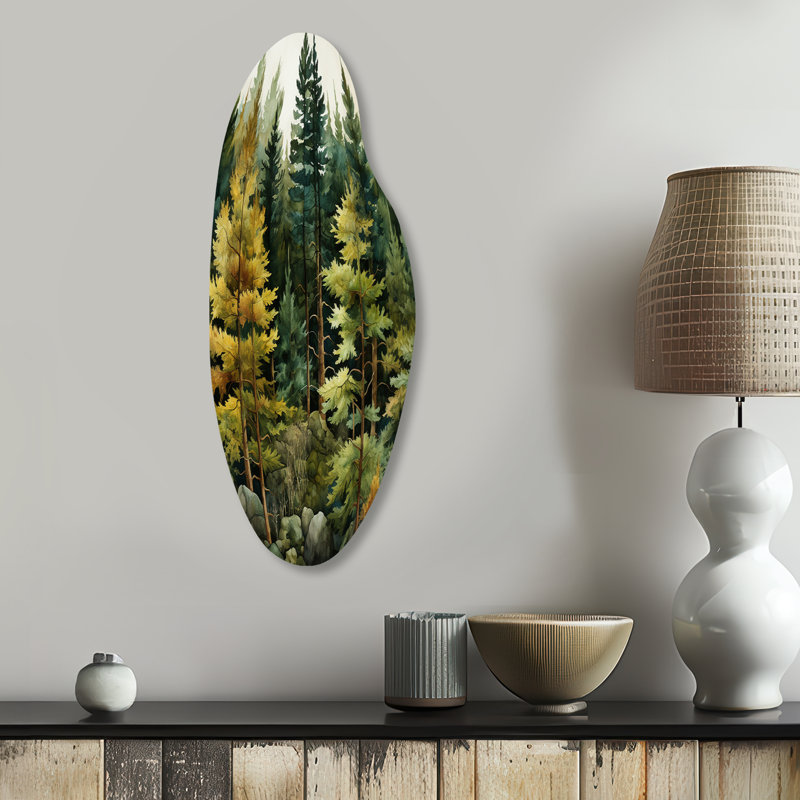 «Pine Tree Symphony I», art mural pin asymétrique en métal, sculpture murale incurvée en métal, H 30 po x l 11 po