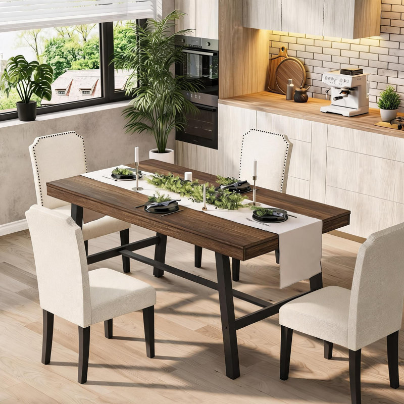 Table de salle à manger industrielle pour 4-6 à 63 po / 55,1 po, plateau en bois rustique et structure en métal robuste, table de ferme moderne pour salle à manger, salon, assemblage facile