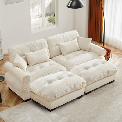 Canapé surdimensionné à deux places avec repose-pieds, fauteuil en velours 2 places avec accoudoirs à traversin rond, avec coussin de taille et coussins décoratifs, salle de lecture, mezzanine et chambre à coucher, crème