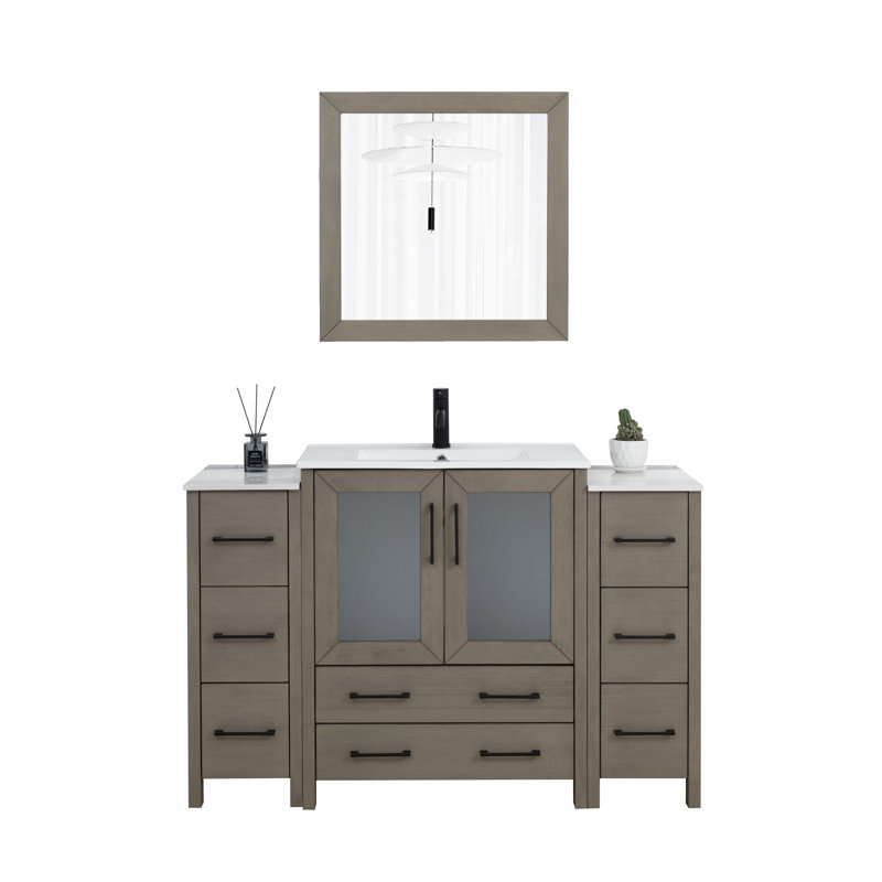 Ensemble de meuble-lavabo autoportant 54 po avec comptoir en céramique et miroir assorti Brescia, Bois flottant gris