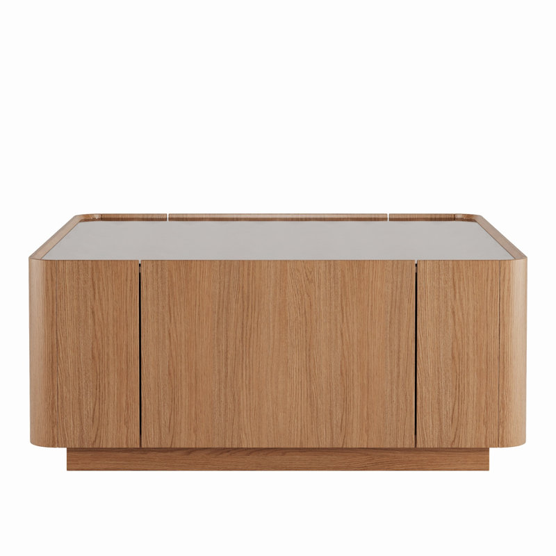 Table basse en verre, l 31,5 po x P 31,5 po x H 13,8 po, verre trempé, 1 pièce, noyer naturel, rangement caché