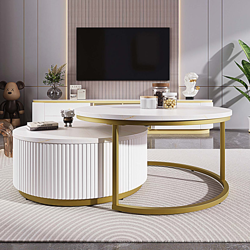 Table basse gigogne moderne avec tiroir, Blanc, H 15,7 po x L 27,5 po x l 27,5 po