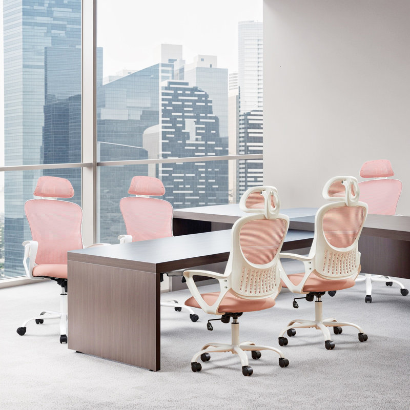 Chaise de bureau ergonomique à dossier haut en filet avec accoudoirs pivotants et appui-tête réglable, Rose, Blanc