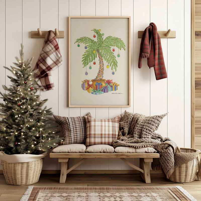 Palmier des fêtes avec imprimé ornements, H 11 po x l 9 po x P 1,375 po, Cadre photo rose poudre