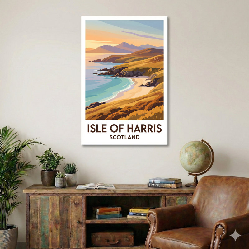 Isle Of Harris, Scotland - Golden Shores And Heather Hills Travel Poster. Giclee Print On Wrapped Canvas. Wall Art, Home Decor - Natural Landmarks, Scotland - Wrapped Canvas Print