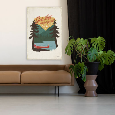 Vintage Lake V No Lines Vertical - Black Blue Boats Canoes Art
