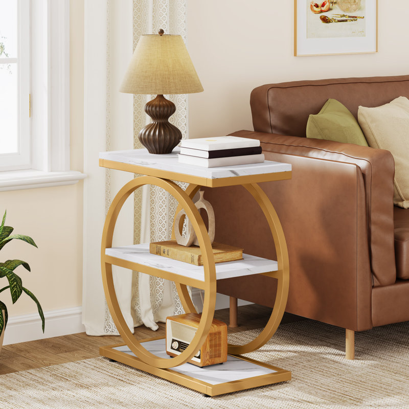 Marquille 3-Tier Manufactured Wood and Metal End Table with Round Frame , Gold/White