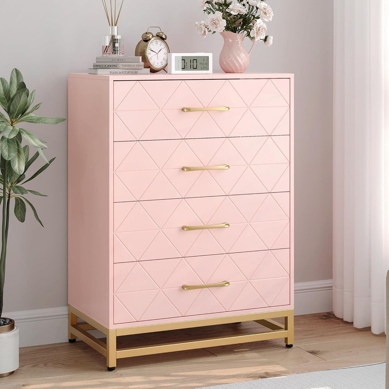 Commode moderne à 4 tiroirs - Commode en bois avec poignées dorées pour la chambre à coucher et le salon, Rose