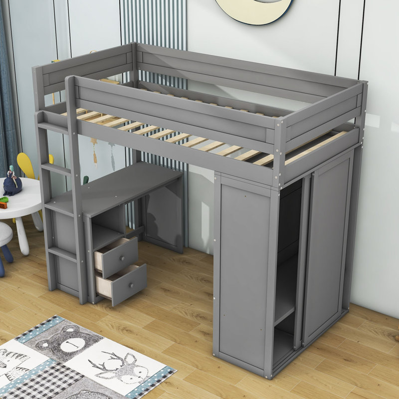 Helfrid 2 Drawer Loft Bed with Built-in-Desk, White, Twin
