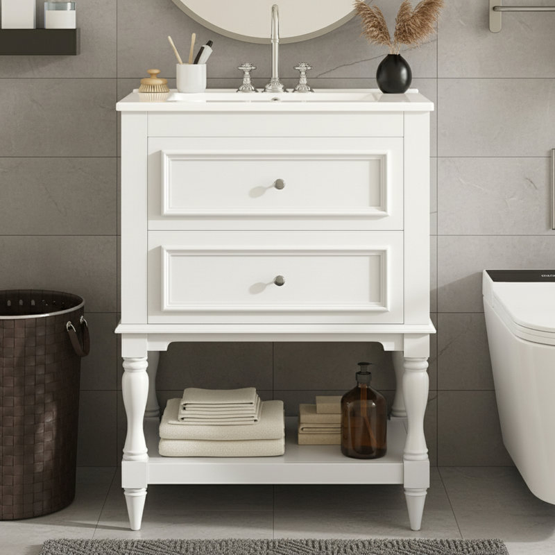 Meuble-lavabo avec lavabo et tiroirs en céramique, White