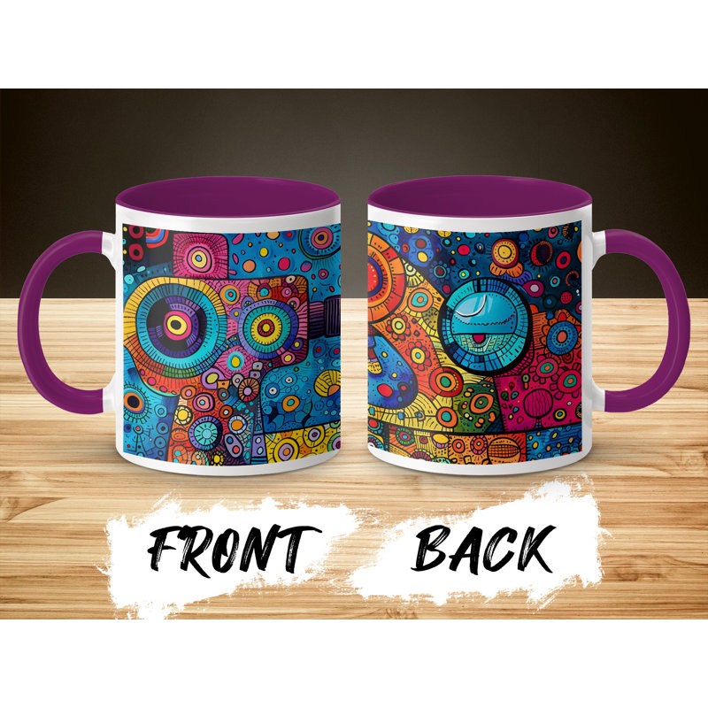 Kids Drawing Style 11oz Accent Mugs – Ceramic Coffee Cup with a Purple Handle and Interior