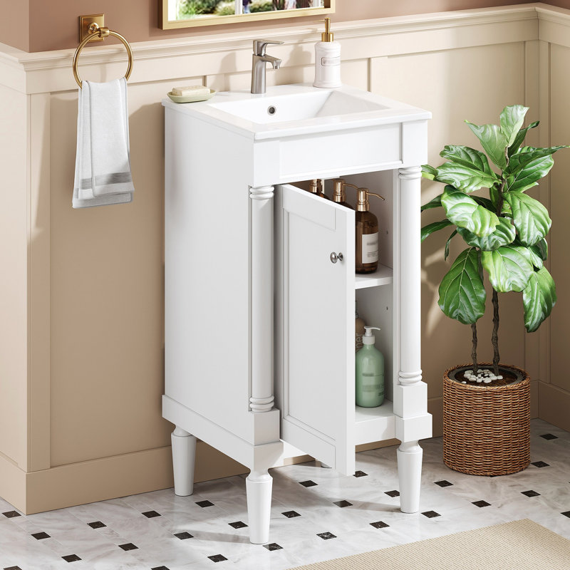 Armoire de salle de bain de style français avec rangement, solution pour petit espace avec lavabo en céramique, tablette réglable, charnières à fermeture en douceur