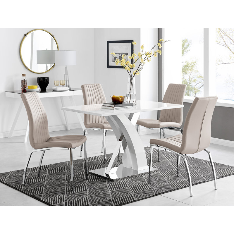 Edzard Chrome & White High Gloss Dining Table Set with 4 Luxury Faux Leather Dining Chairs, Cappuccino Beige