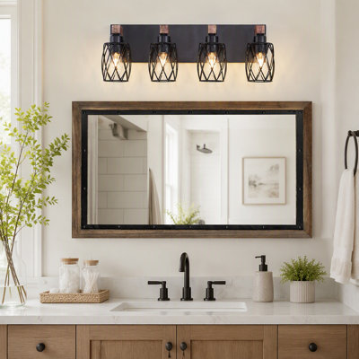 Applique murale industrielle vintage à 4 lumières - Luminaire mural cage noire avec accents en bois pour salle de bain, couloir ou salon (ampoule non incluse)