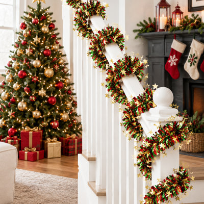 Guirlande de Noël de 15 mètres avec flocons de neige et étoiles décoratifs, guirlande métallique pour sapin de Noël, foyer, rampe d'escalier et décorations de fêtes.