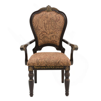 Traditional Formal Armchairs Set Of 2 Cherry Finish With Gold Tipping Jacquard Fabric Upholstery Luxury Dining Furniture
