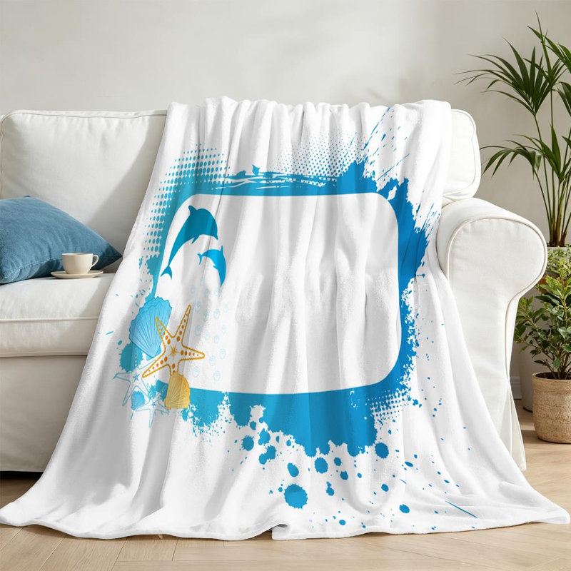Jeté en molleton bleu flanelle ultra doux, cadre grunge avec imprimé d'un côté mer, Jeté 50 po x 60 po