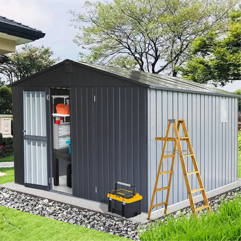 Backyard Storage Shed 11' X 12.5' With Galvanized Steel Frame & Windows, Outdoor Garden Shed Metal Utility Tool Storage Room With Lockable Door For Patio(Dark Gray)