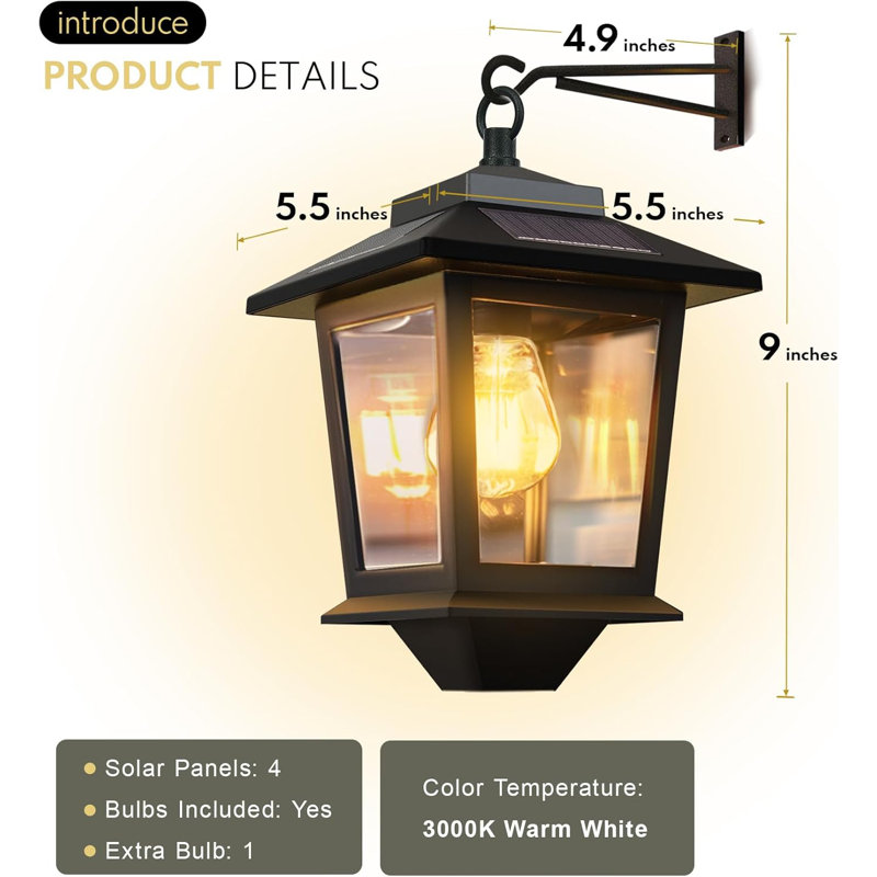 2 Pack Solar Wall Lanterns With Replaceable Bulb, Outdoor Hanging Solar Lights With 4 Solar Panels, Dusk To Dawn Led Outdoor Wall Sconce, Anti-Rust Waterproof Wall Lanterns With Hooks