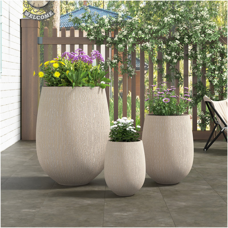 Ensemble de 3 pots à fleurs en forme d'œuf pour l'extérieur, léger et en forme de pierre, Beige