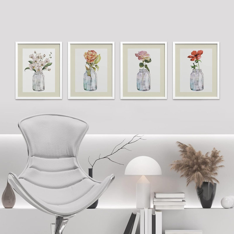 Ensemble de 4 vases pastel aquarelle multicolore à fleurs multicolores, impression encadrée sur papier, 4 pièces, Blanc