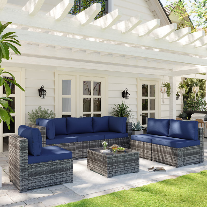 Ensemble de conversation modulaire en osier de rotin 7 pièces avec coussins 7 pièces, Blue Cushion/Grey Frame