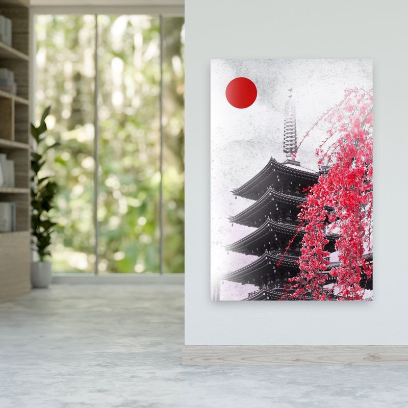 Japanese Pagoda Cherry Blossoms Contemporary Wall Art Print 1 Piece Wrapped Canvas Wall Art, 152.4cm H x 101.6cm W