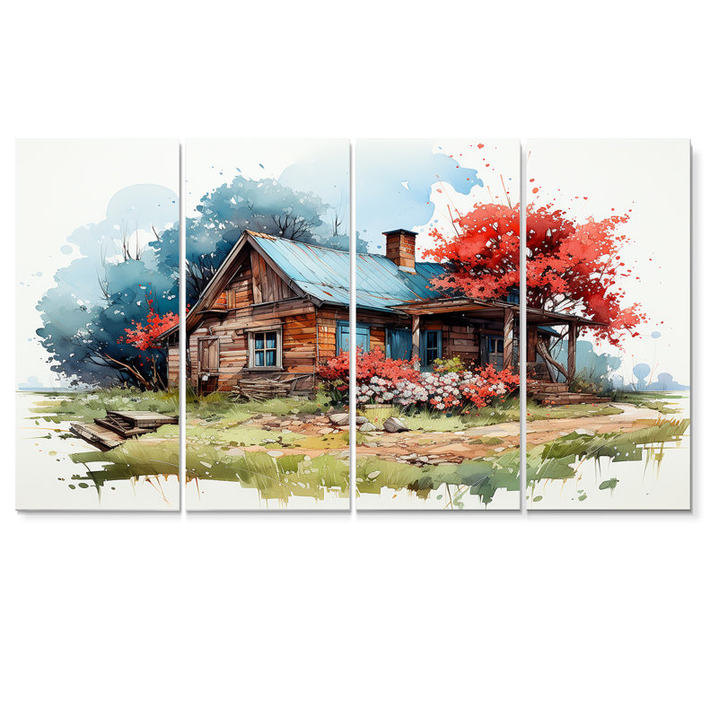 Maison de campagne bleue avec arbre rouge - art mural paysage pour le salon, 4 pièces, H 28 po x l 48 po