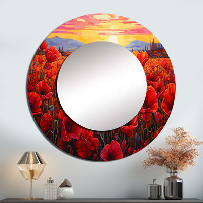 Roseraie rouge Crimson Bloom Garden Serenade - miroir de fleurs, miroir mural rond traditionnel unique, impression d'art en métal