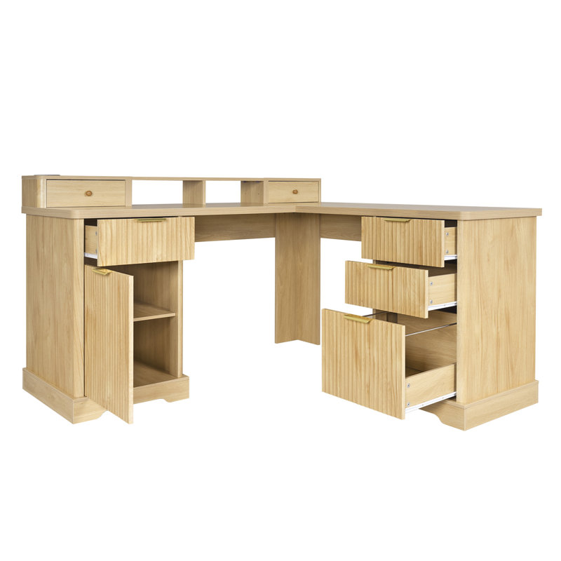 59" Modern Fluted L-Shaped Desk With Charging Station & Storage Cabinet - Home Office Computer Desk With Monitor Stand (Not Include Stools)
