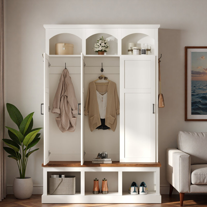 Farmhouse Arched Design Hall Tree With 3 Hidden Storage, 5 Hooks, Compartments Amd Bench, White