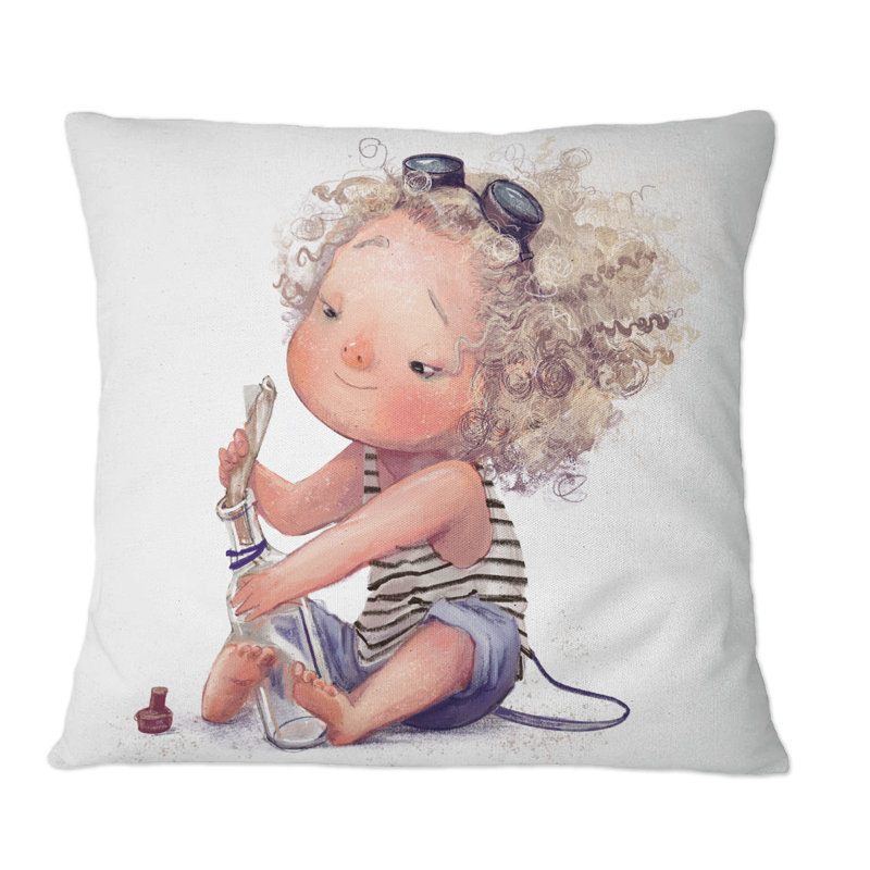 Coussin Curly Cute Girl With A Bottle With A Message - Children, 16 po x 16 po