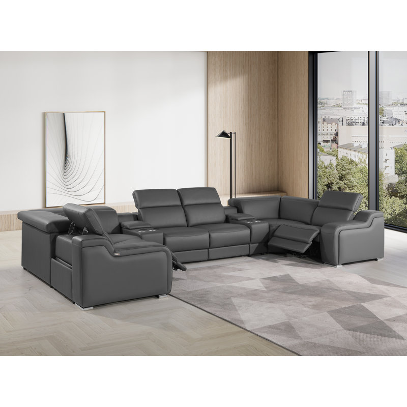 Canapé modulaire inclinable en cuir italien à grain supérieur de 8 pièces Stanwin, Cuir véritable gris foncé