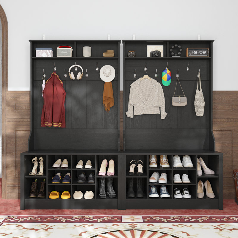 78.8” Wide Hall Tree with Hooks, Bench and Shoe Storage, Black