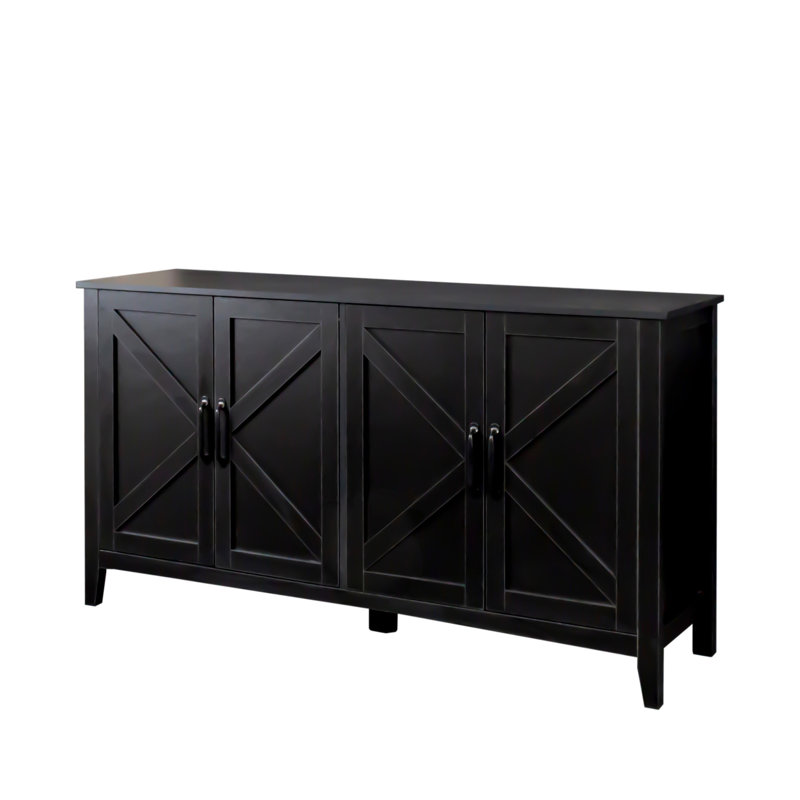 Armoire 4 portes et 4 tablettes ouvertes, buffet autoportant pour le bureau. Noir, 15,79 x 59,33 x 30,59 po, 91,1 lb, 40 kg de capacité de rangement. Portant