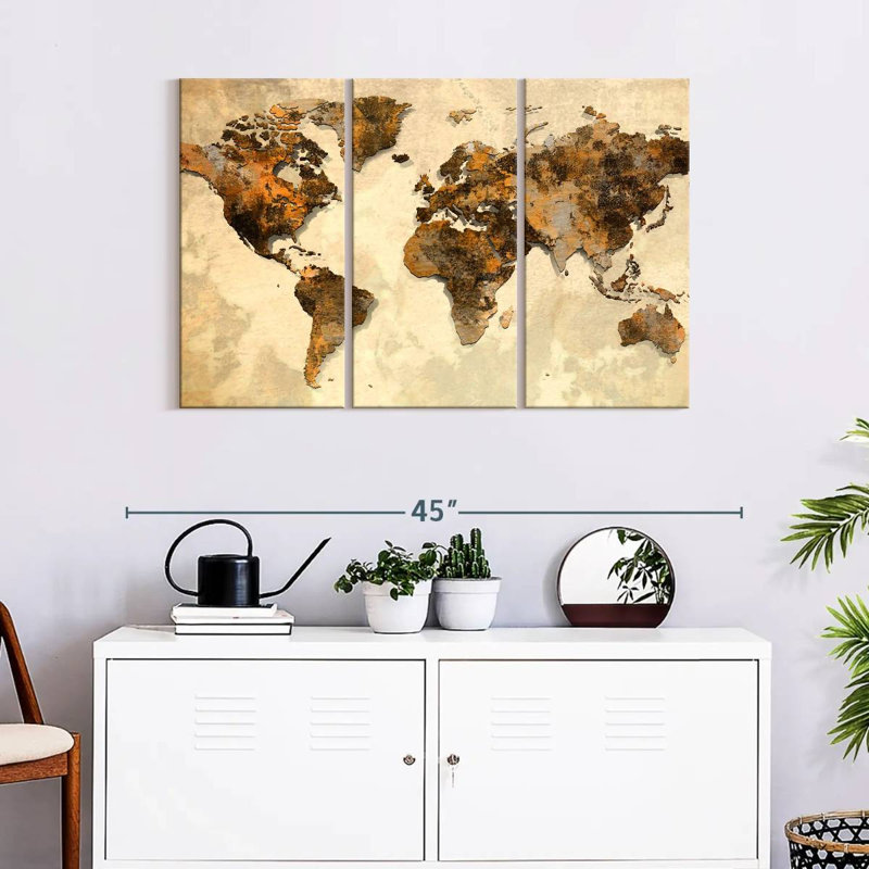 Ensemble de carte du monde rustique sur toile 3 pièces, H 24 po x l 38 po x P 1,25 po